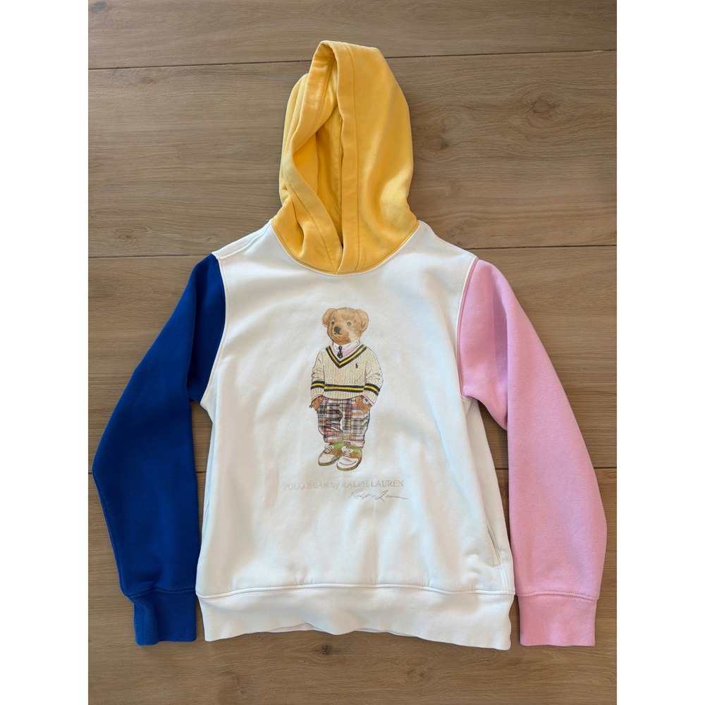 Polo Ralph Lauren Kids Polo Bear Colorblock Hoodie White Blue Yellow M 10-12